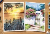 Watercolor Painting- Learn Sunset and Flower Garden Painting